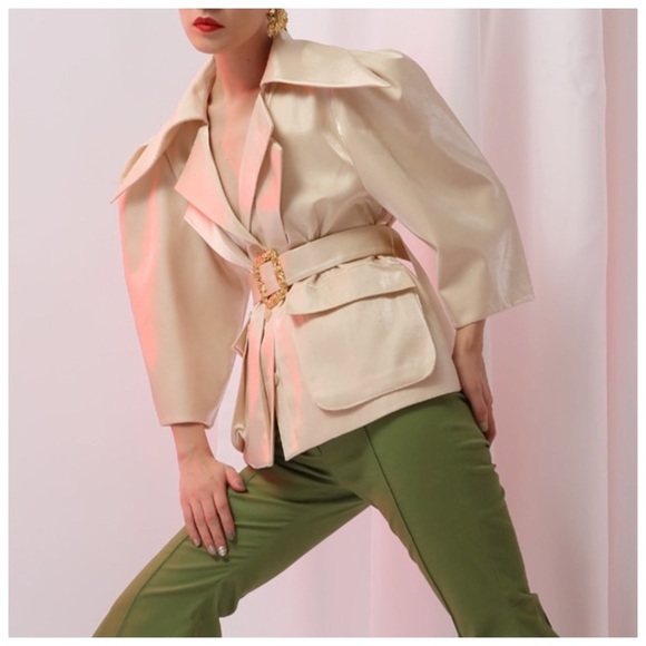 Cream Metallic Sheen Belted Jacket - Picture 4 of 15